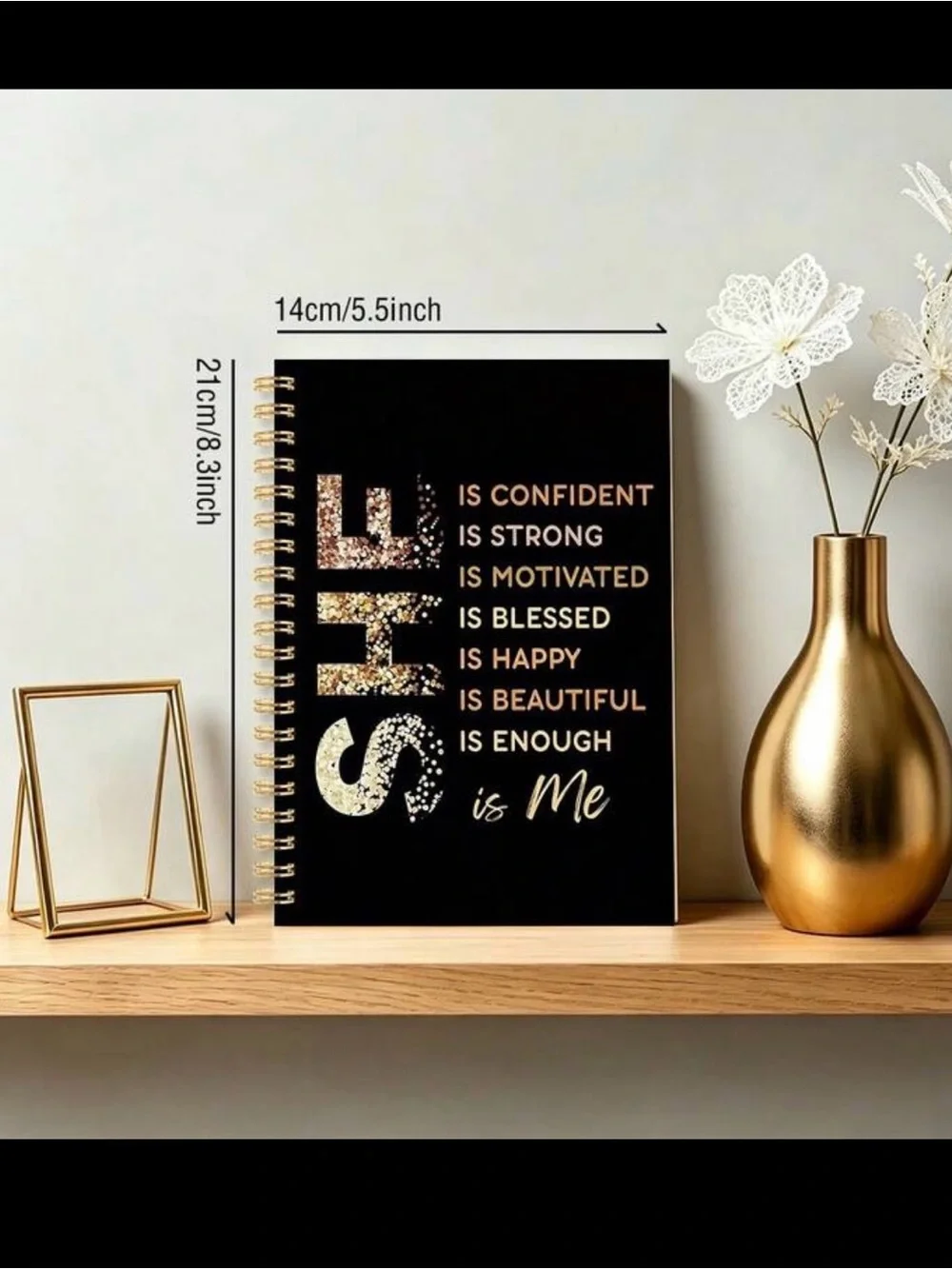 Inspirational 'She Is Me' Black & Gold Spiral Notebook